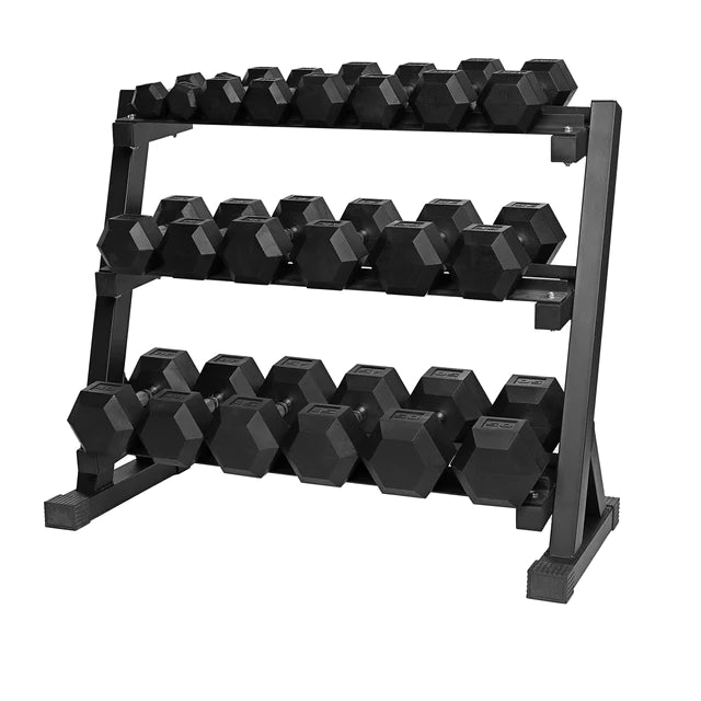 5-50 LB Premium Rubber Hex Dumbbell Set with Stand