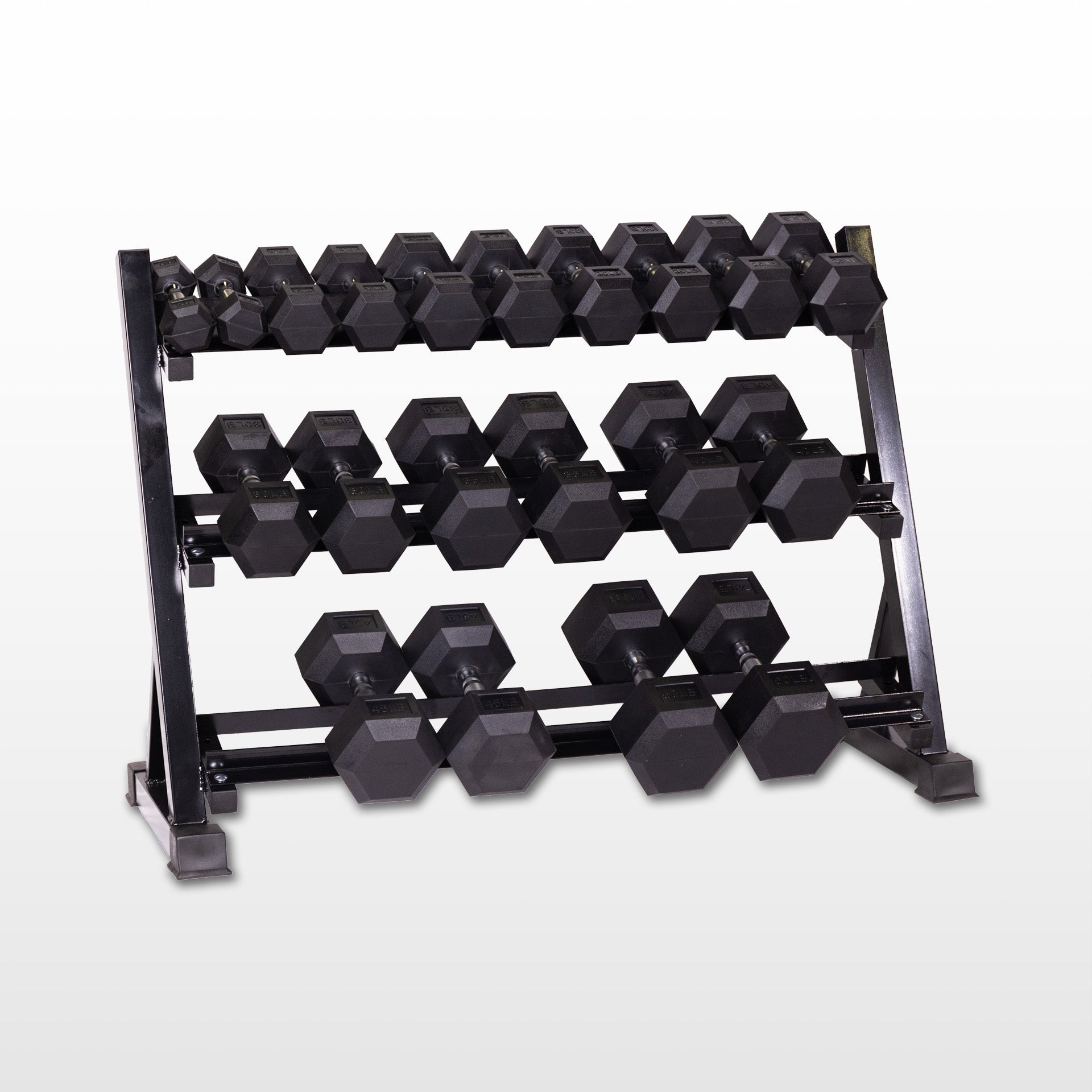 5-50 LB Premium Rubber Hex Dumbbell Set with Stand